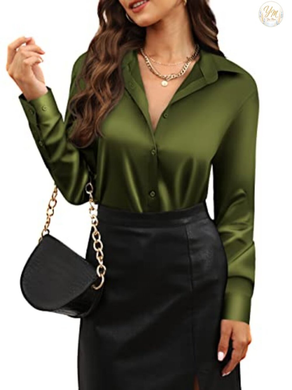 CUNLIN Women's Satin Silk Button Down Long Sleeve Blouse Work Shirt Top